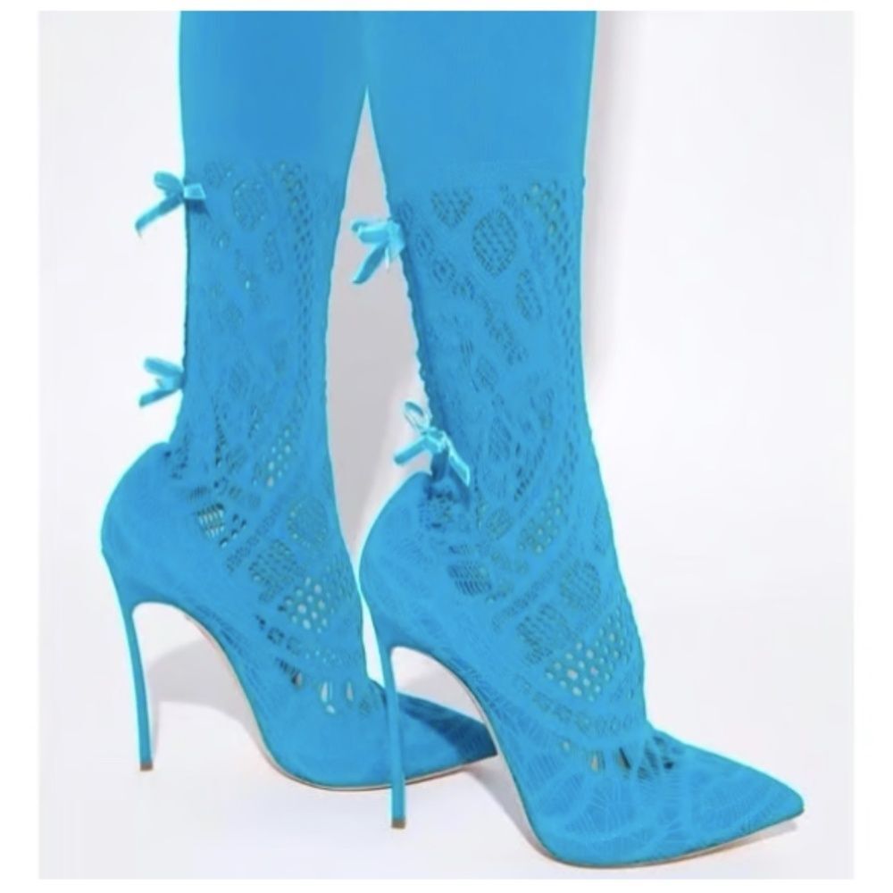 NEW Casadei Women's Blue Knee-High Knit Lace Bow Boots Size 35 US 5